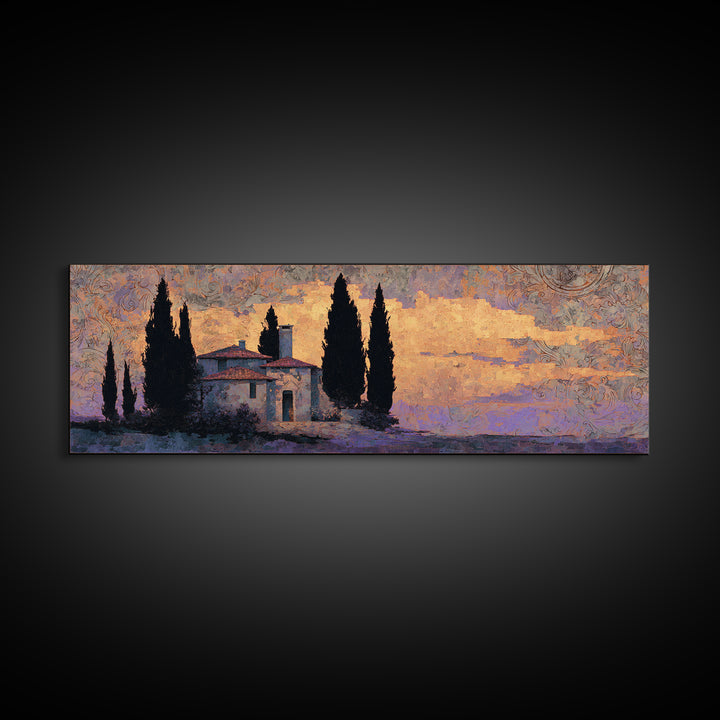 Cypress Silhouette at Sunset Canvas Print, Italian Villa Art, Living Room Decor, Oil Painting, Villa, Living Room Art, IVA-3x1-61