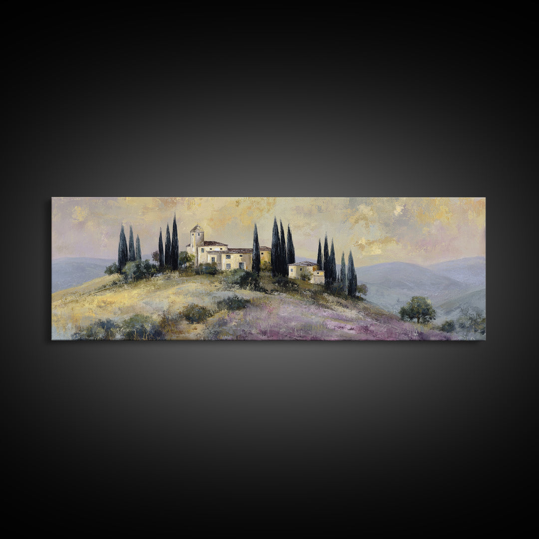 Tuscan Hillside with Cypress Trees and Golden Canvas Print, Italian Villa Art, Living Room Wall Art, Living Room Decor, Villa, IVA-3x1-65