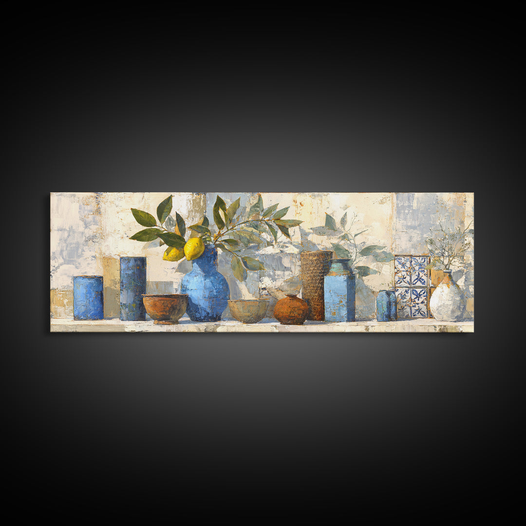 Lemon Branch in Blue Ceramic Vase Canvas Print, Italian Villa Art, Large Wall Art, Living Room Decor, Watercolor Art, Villa, IVA-3x1-66