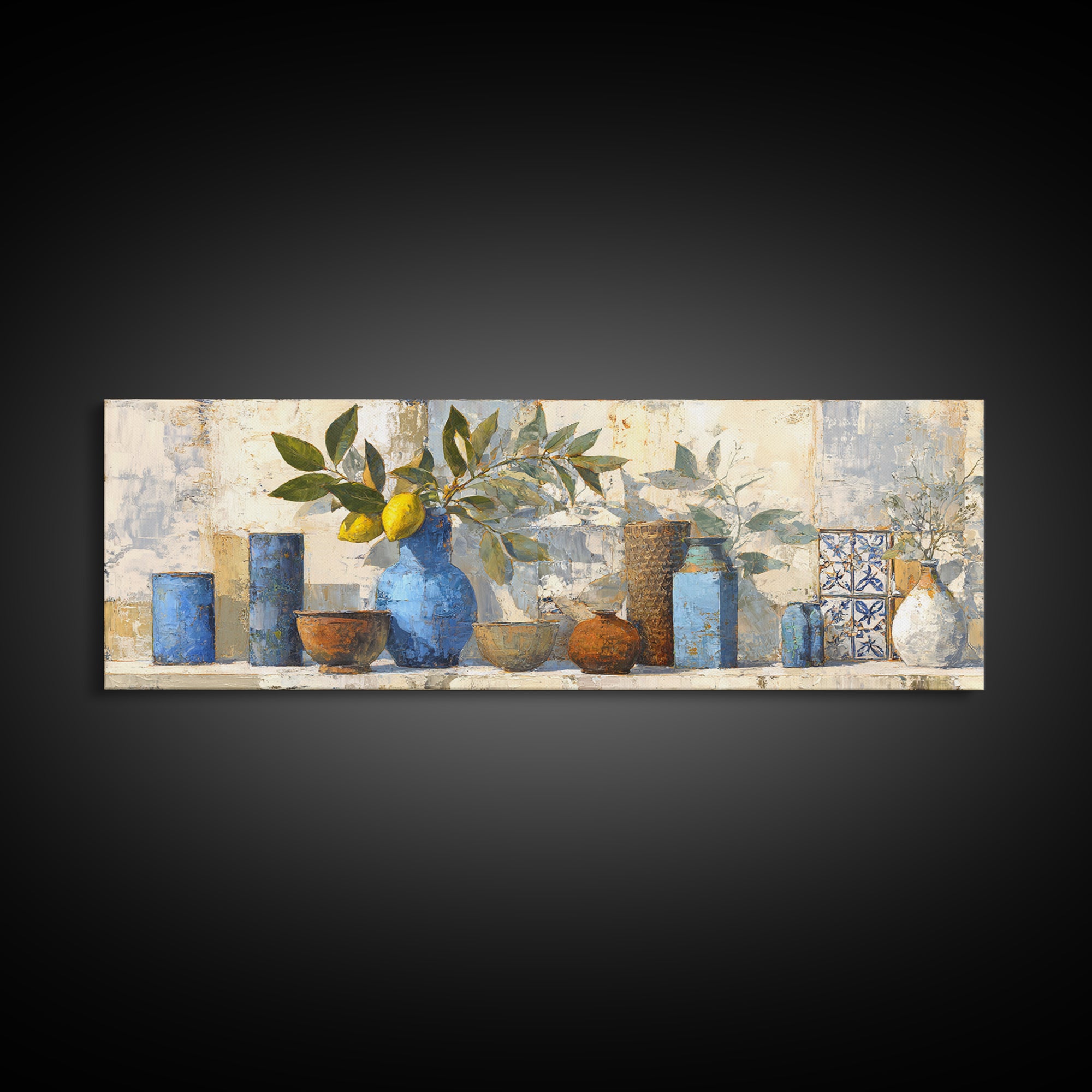 Lemon Branch in Blue Ceramic Vase Canvas Print, Italian Villa Art, Large Wall Art, Living Room Decor, Watercolor Art, Villa, IVA-3x1-66