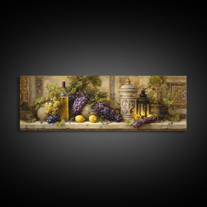 Grapevine and Wine Still Life on Linen Canvas Print, Italian Villa Art, Wall Art Prints, Living Room Decor, Fine Art, Villa, IVA-3x1-71