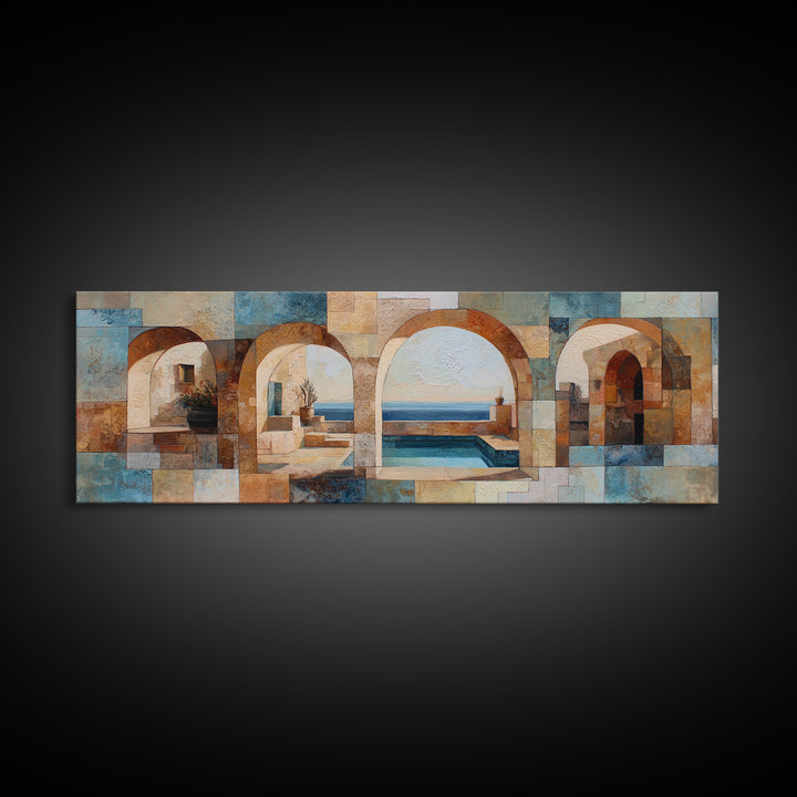 Mediterranean Arch Framing Blue Sea Framed Canvas Print, Italian Villa Art, Textured Painting, Living Room Decor, Villa, IVA-3x1-72