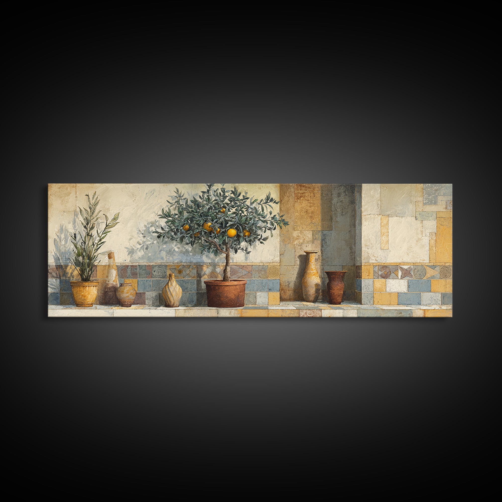 Orange Tree in a Courtyard Planter Canvas Print, Italian Villa Art, Statement Artwork, Living Room Decor, Fine Art, Villa, IVA-3x1-78