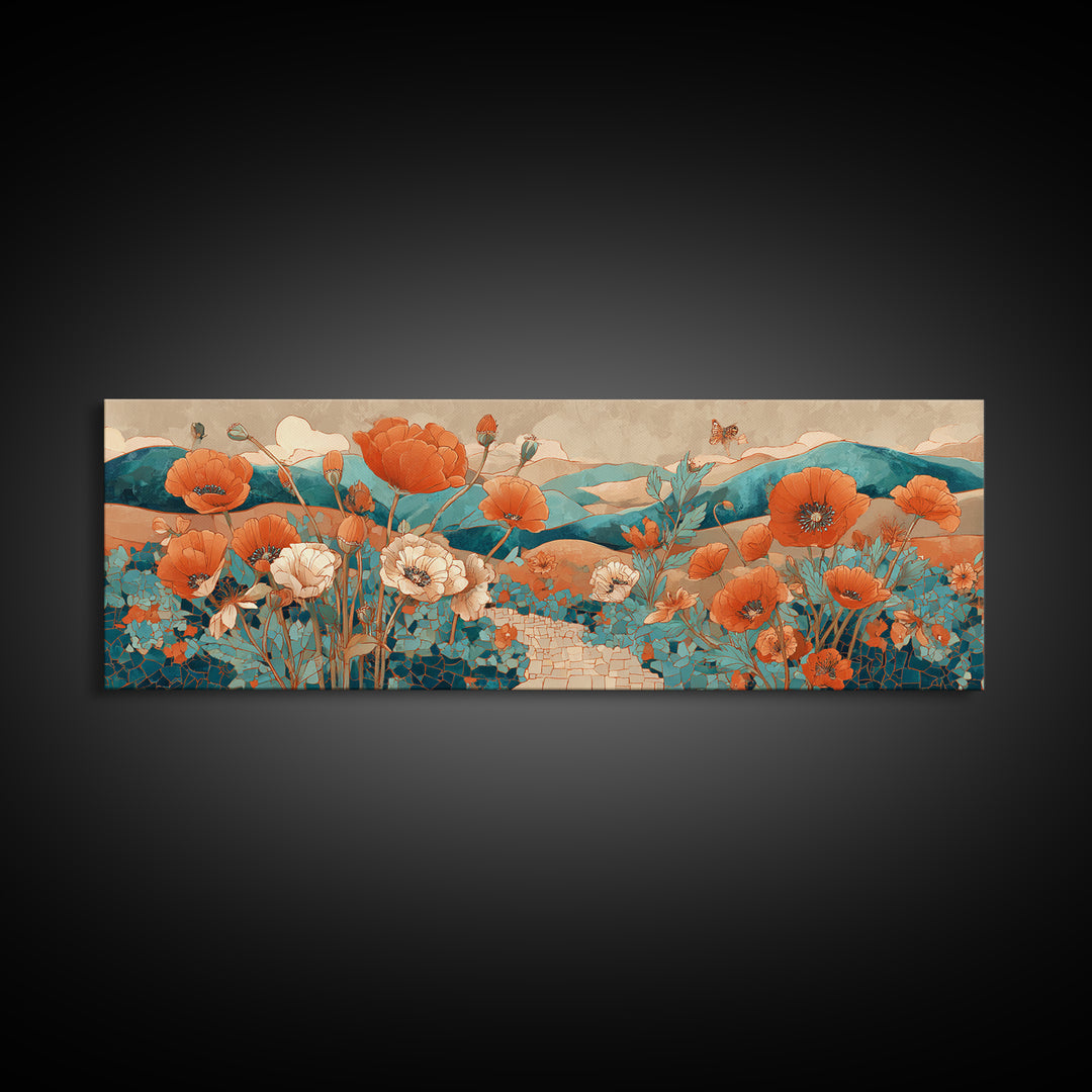 Tuscan Poppy Field Framed Canvas Print, Italian Villa Art, Oil Painting, Living Room Decor, Villa, Farmhouse Wall Art, IVA-3x1-79