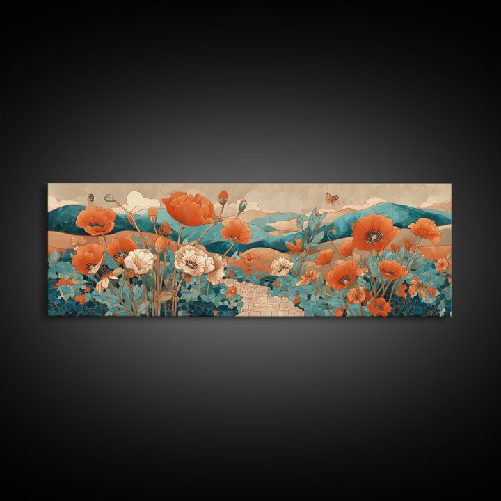 Tuscan Poppy Field Framed Canvas Print, Italian Villa Art, Oil Painting, Living Room Decor, Villa, Farmhouse Wall Art, IVA-3x1-79