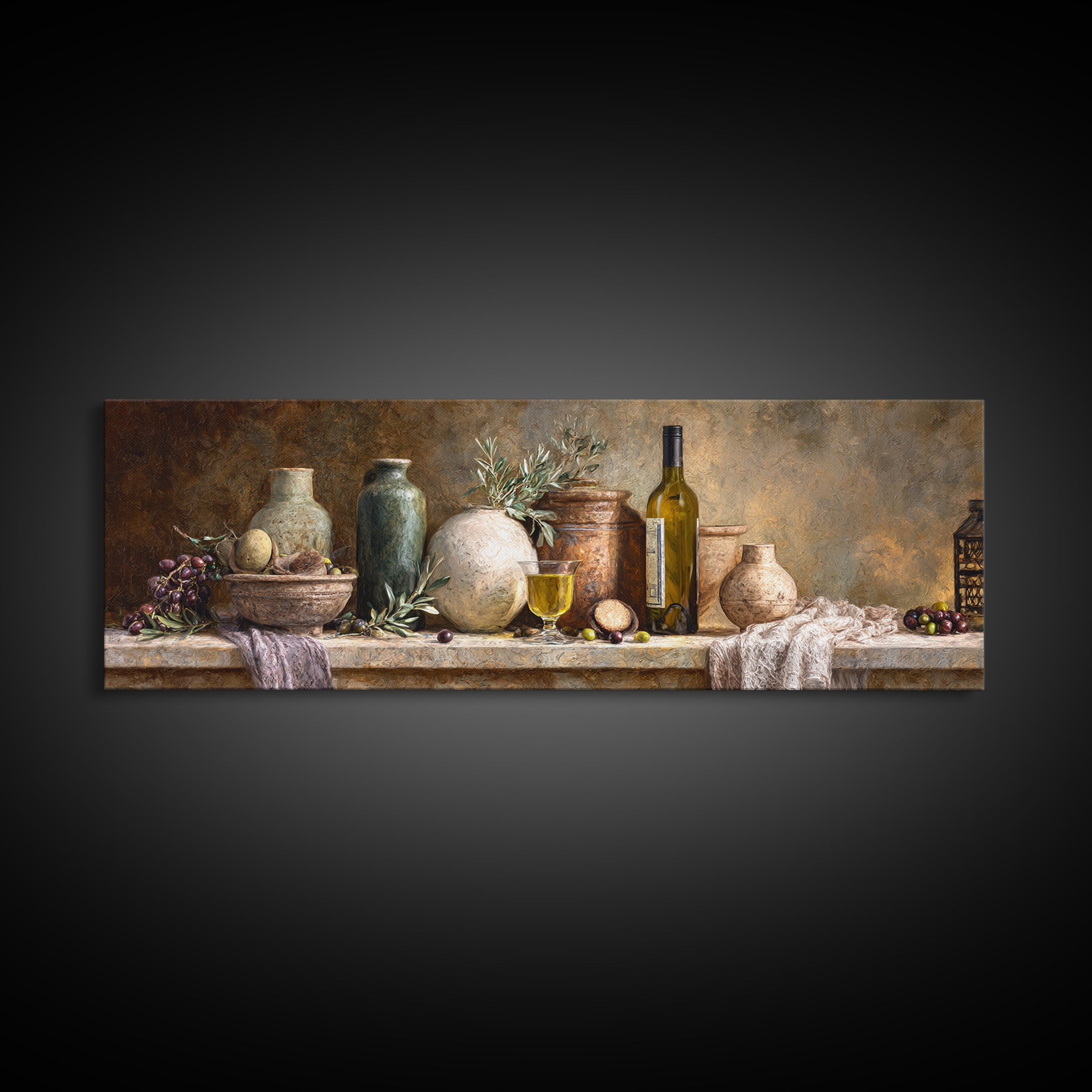 White Wine and Olives Still Life Canvas Print, Italian Villa Art, Living Room Art, Living Room Decor, Fine Art, Villa, IVA-3x1-8