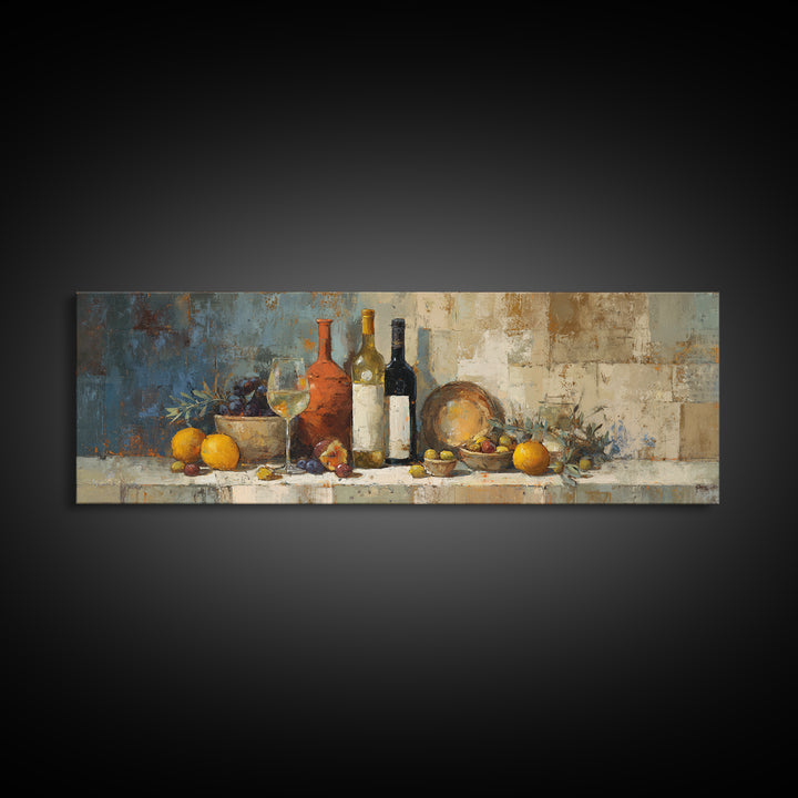 White Wine and Olives Still Life Canvas Print, Italian Villa Art, Minimalist Decor, Living Room Decor, Fine Art, Villa, IVA-3x1-80