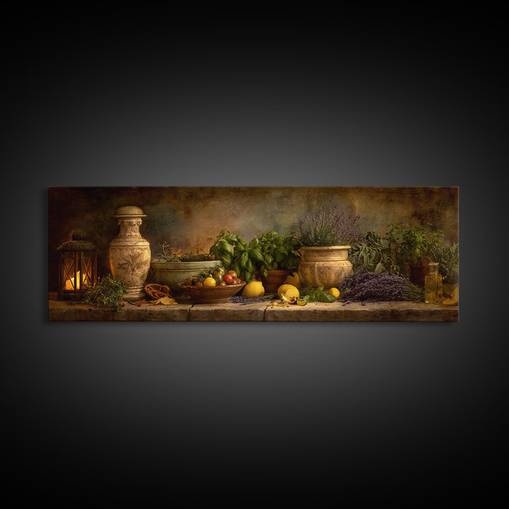 Pasta Herbs and Tomatoes Still Life Canvas Print, Italian Villa Art, Minimalist Decor, Living Room Decor, Fine Art, Villa, IVA-3x1-83