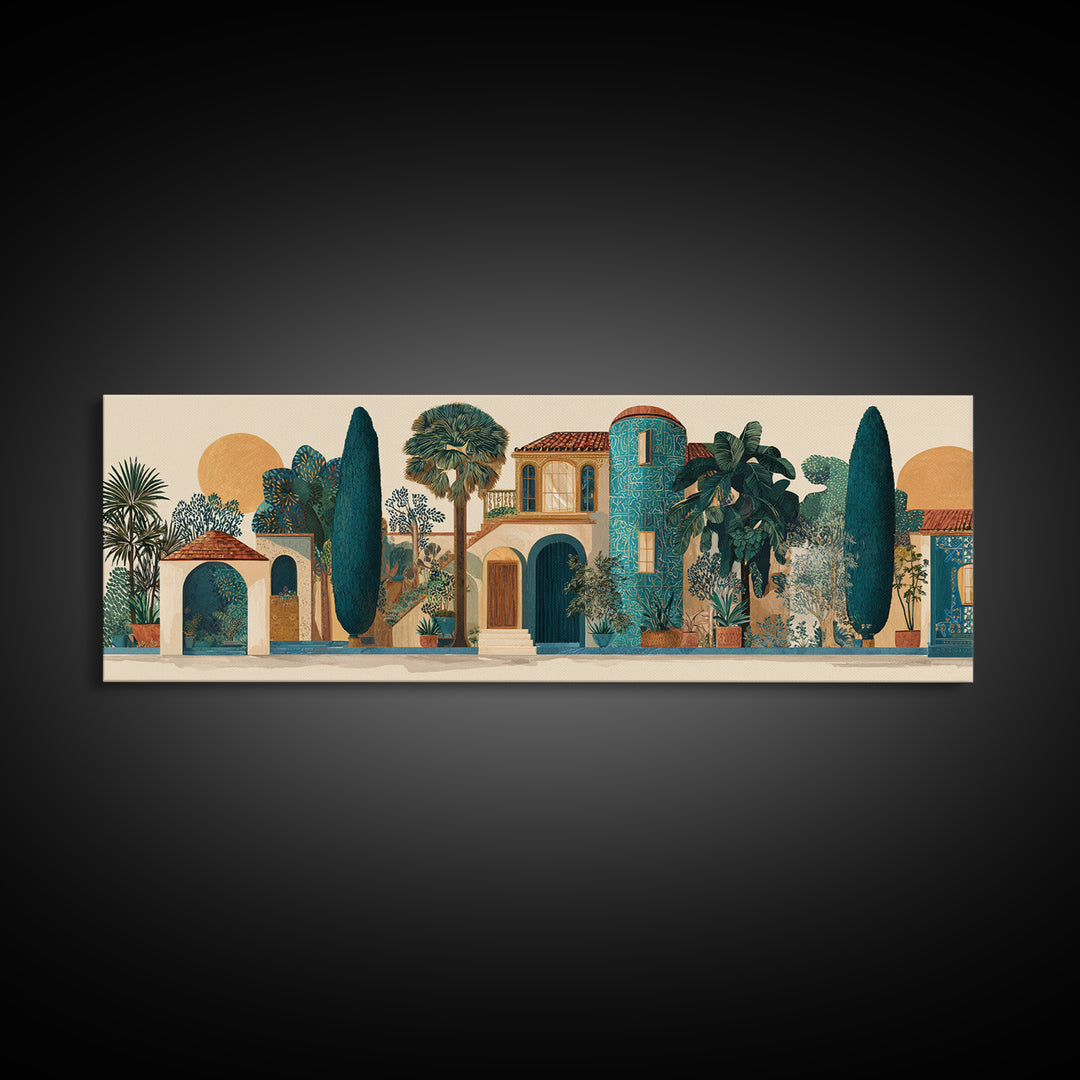 Cypress Silhouette at Sunset Canvas Print, Italian Villa Art, Living Room Decor, Oil Painting, Villa, Living Room Art, IVA-3x1-85