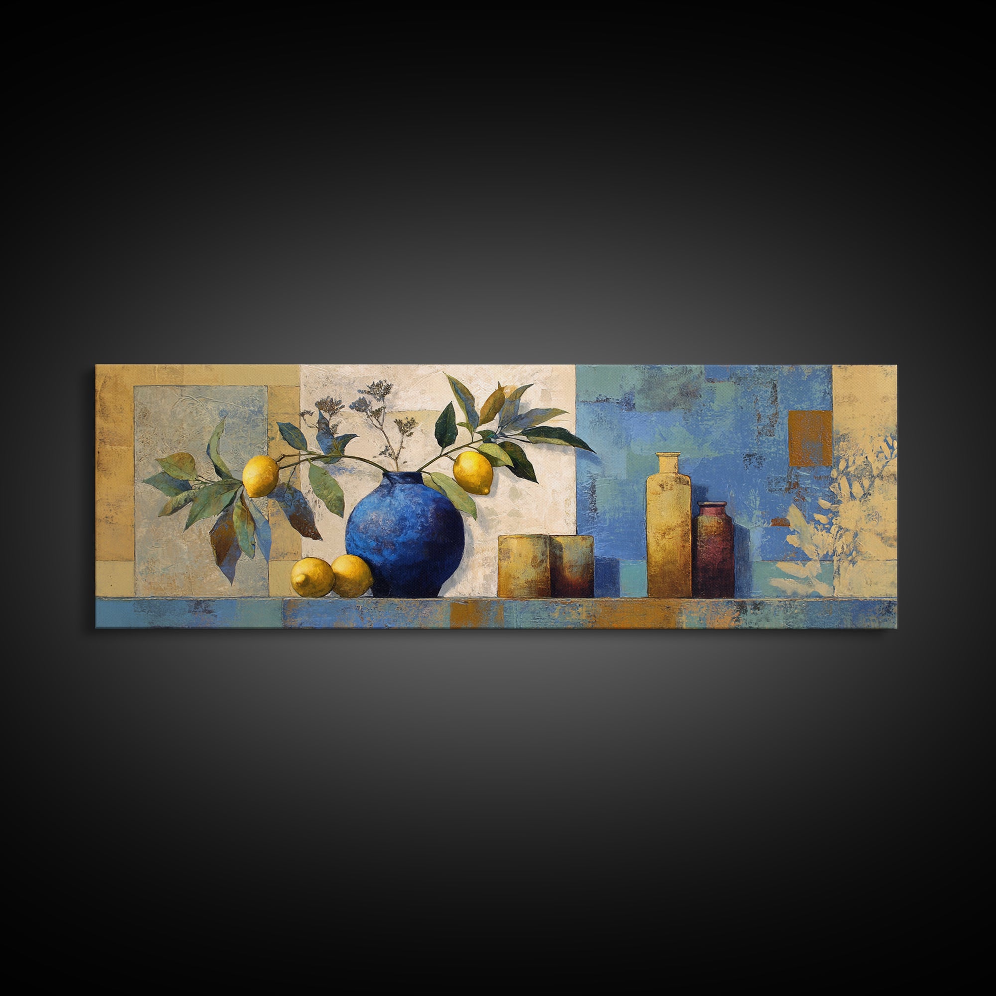 Lemon Branch in Blue Ceramic Vase Framed Canvas Print, Italian Villa Art, Bedroom Wall Art, Living Room Decor, Fine Art, Villa, IVA-3x1-90