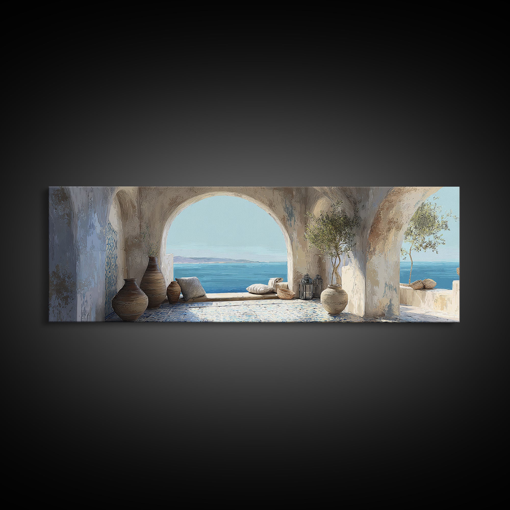 Mediterranean Arch Framing Blue Sea Canvas Print, Italian Villa Art, Gallery Wall, Living Room Decor, Fine Art, Villa, IVA-3x1-96