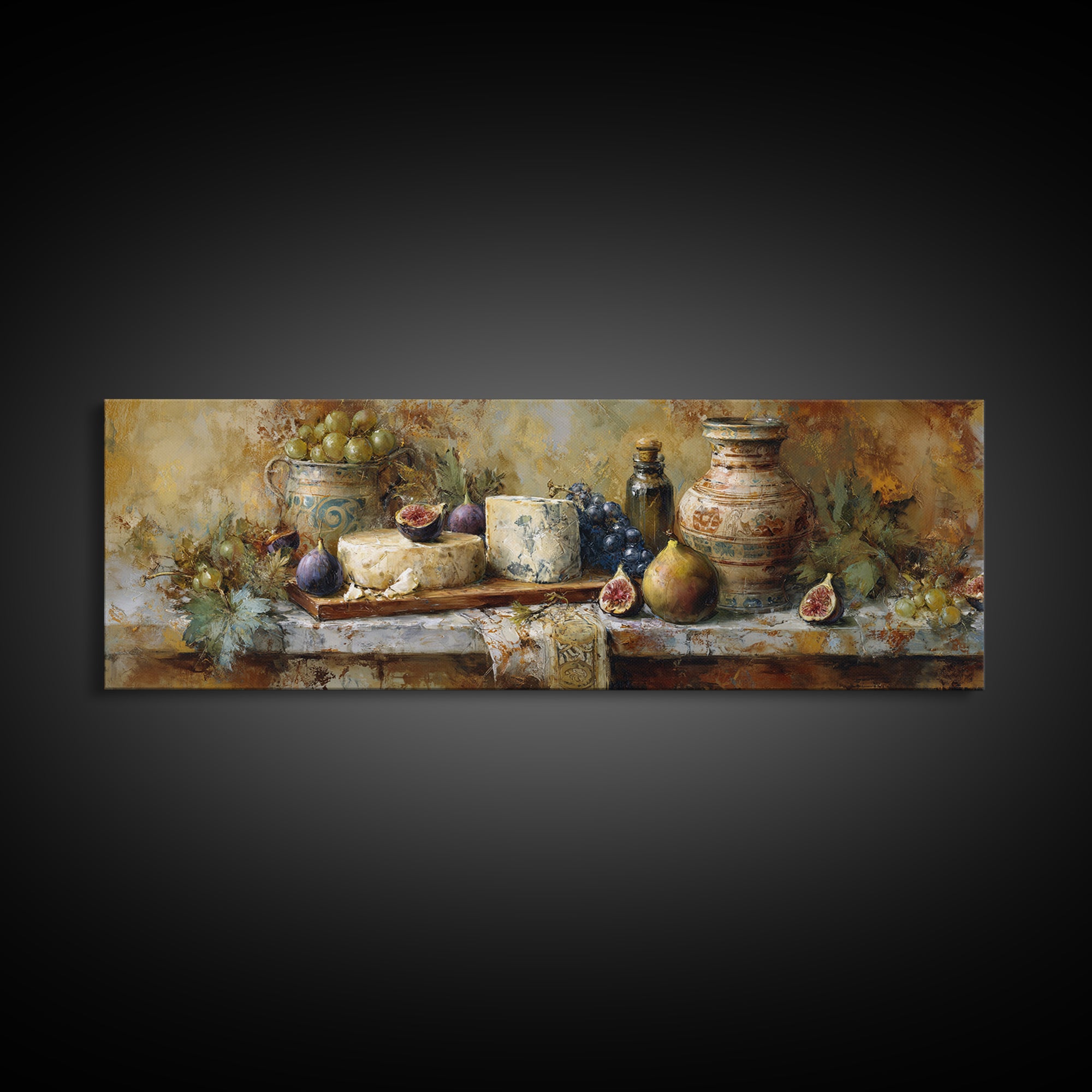 Figs and Cheese on Rustic Wooden Board Canvas Print, Italian Villa Art, Landscape Art, Living Room Decor, Watercolor Art, Villa, IVA-3x1-97