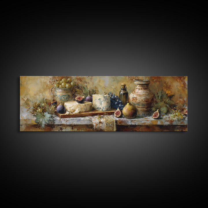 Figs and Cheese on Rustic Wooden Board Canvas Print, Italian Villa Art, Landscape Art, Living Room Decor, Watercolor Art, Villa, IVA-3x1-97