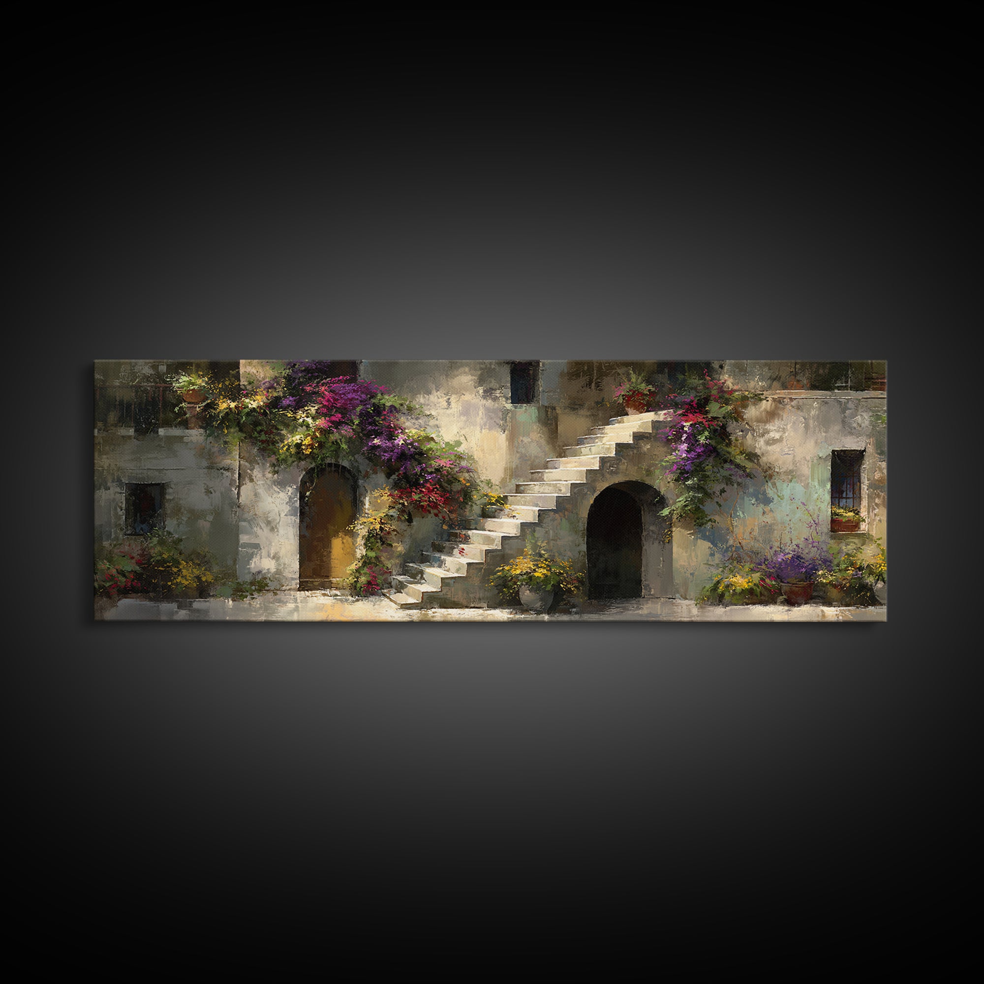 Sunlit Stone Stairway Framed Canvas Print, Italian Villa Art, Gallery Wall Set, Living Room Decor, Villa, Modern Decor, IVA-3x1-99