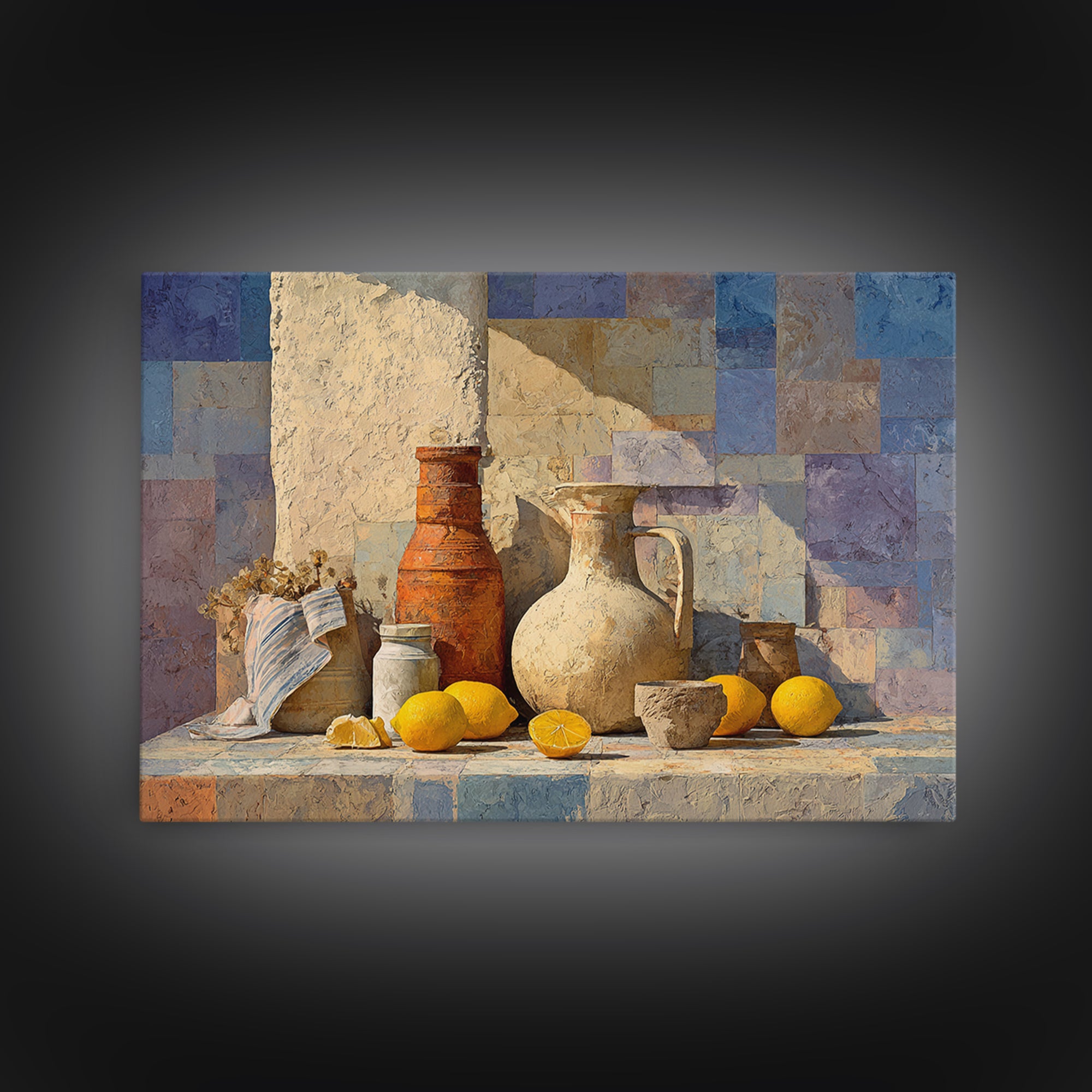 Coastal Lemons and Striped Cloth Arrangement Canvas Print, Italian Villa Art, Landscape Painting, Living Room Decor, Villa, IVA-3x2-100