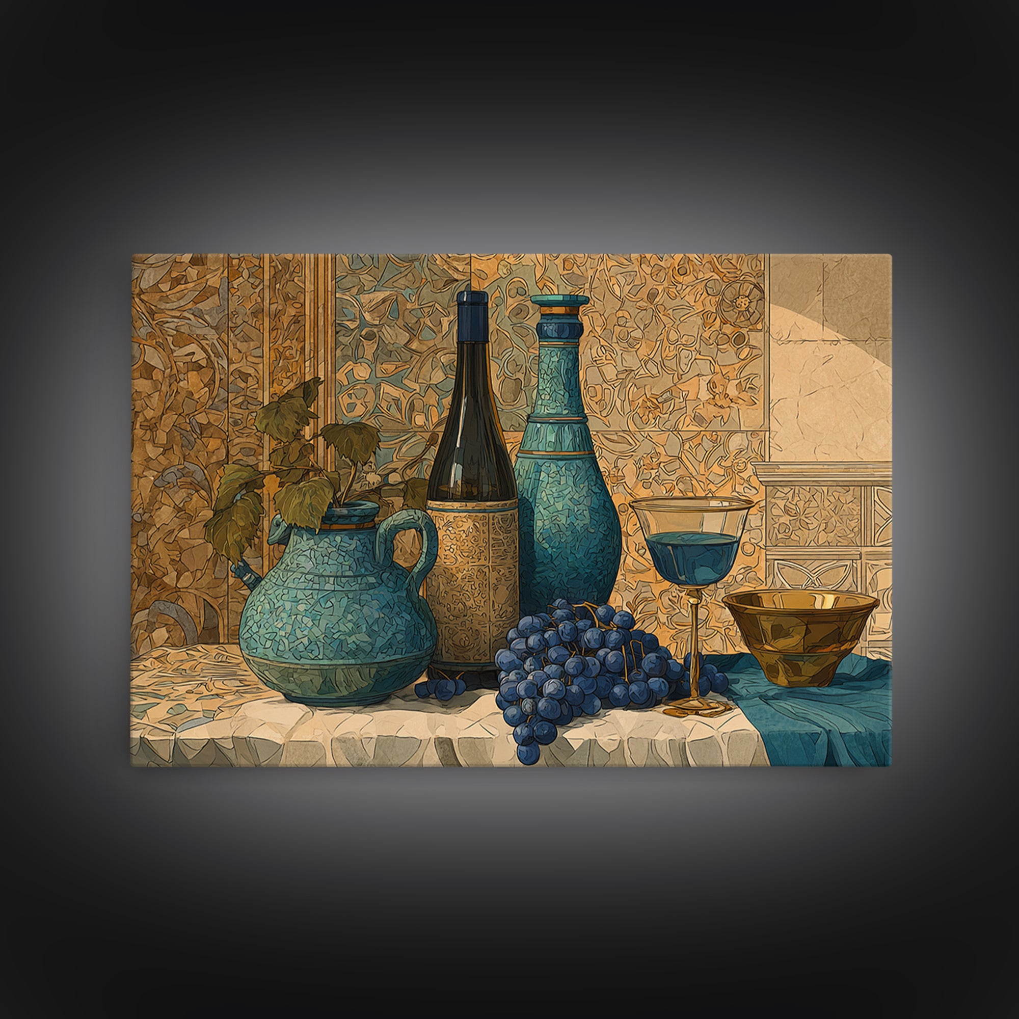 Grapevine and Wine Still Life on Linen Canvas Print, Italian Villa Art, Minimalist Decor, Living Room Decor, Abstract Art, IVA-3x2-11