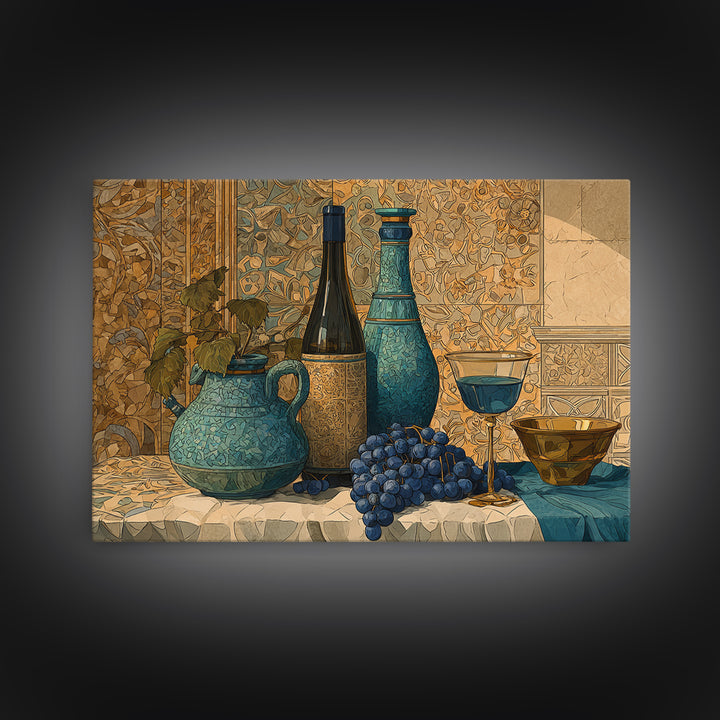 Grapevine and Wine Still Life on Linen Canvas Print, Italian Villa Art, Minimalist Decor, Living Room Decor, Abstract Art, IVA-3x2-11