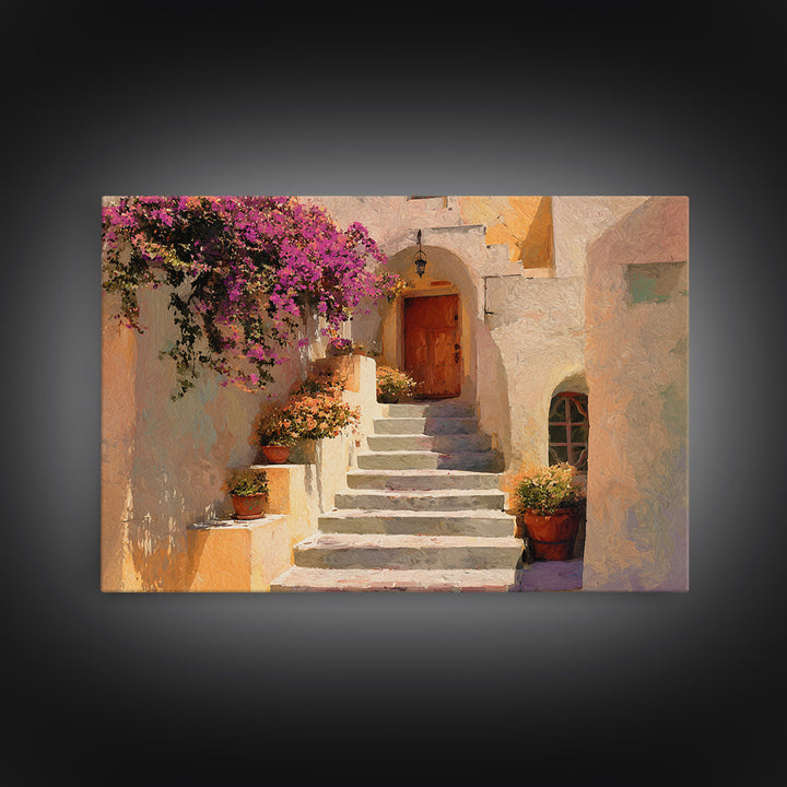 Sunlit Stone Stairway Framed Canvas Print, Italian Villa Art, Neutral Decor, Living Room Decor, Fine Art, Villa, IVA-3x2-15