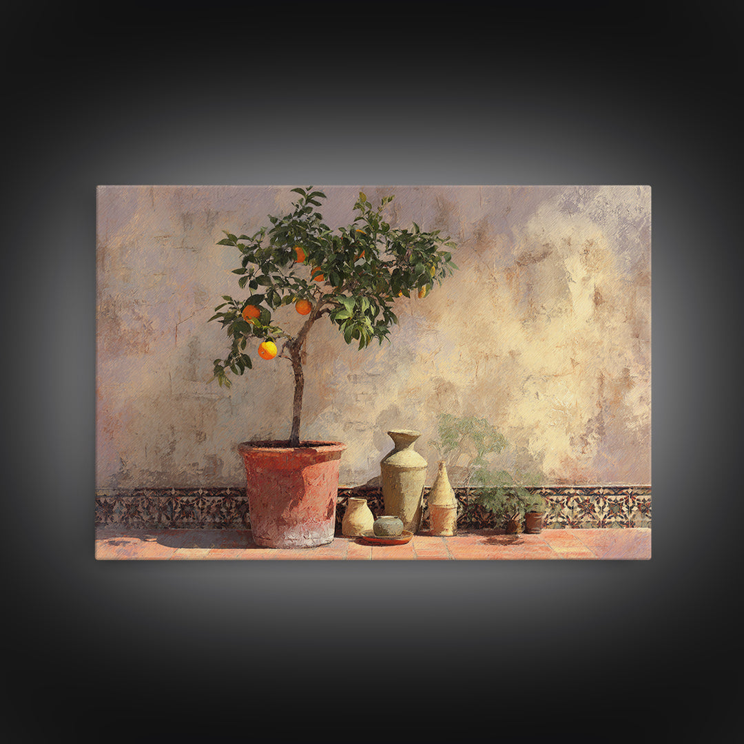 Orange Tree in a Courtyard Planter Framed Canvas Print, Italian Villa Art, Textured Painting, Living Room Decor, Villa, IVA-3x2-18