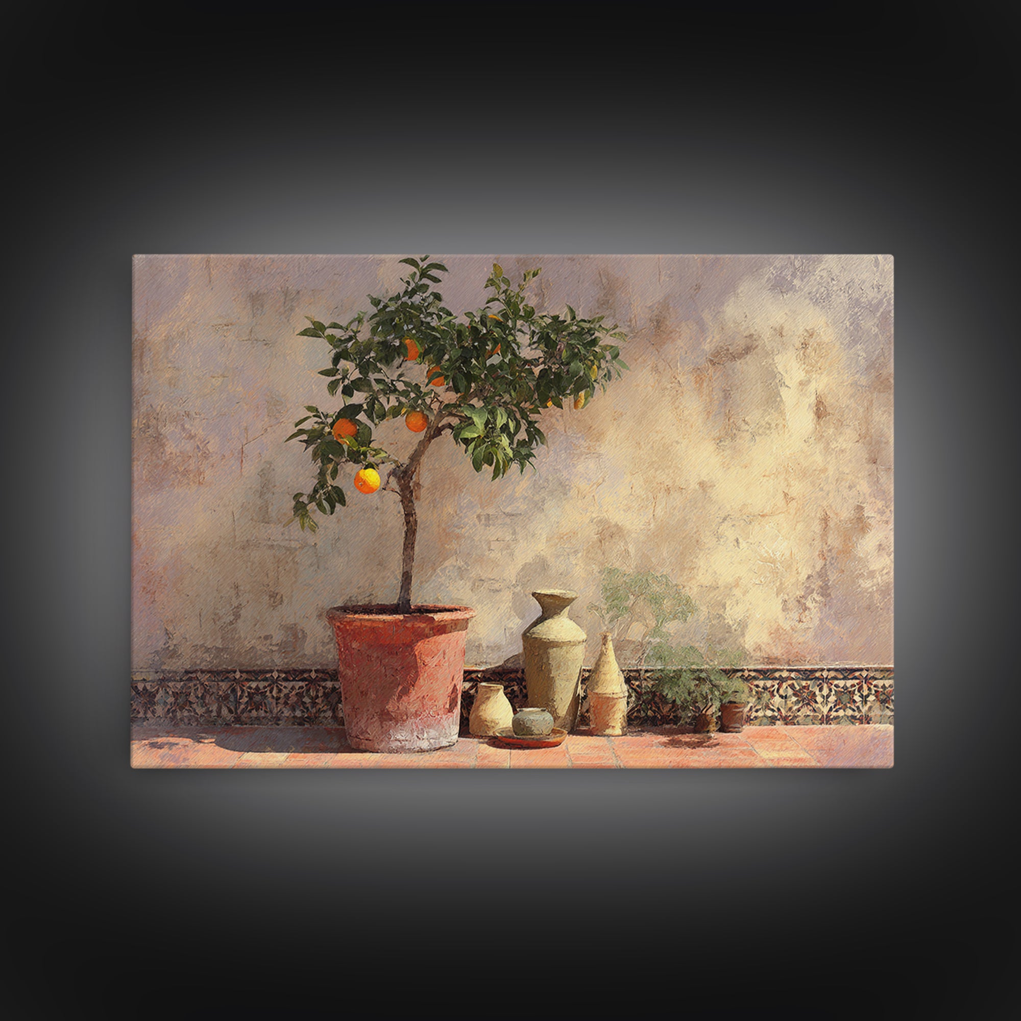 Orange Tree in a Courtyard Planter Framed Canvas Print, Italian Villa Art, Textured Painting, Living Room Decor, Villa, IVA-3x2-18