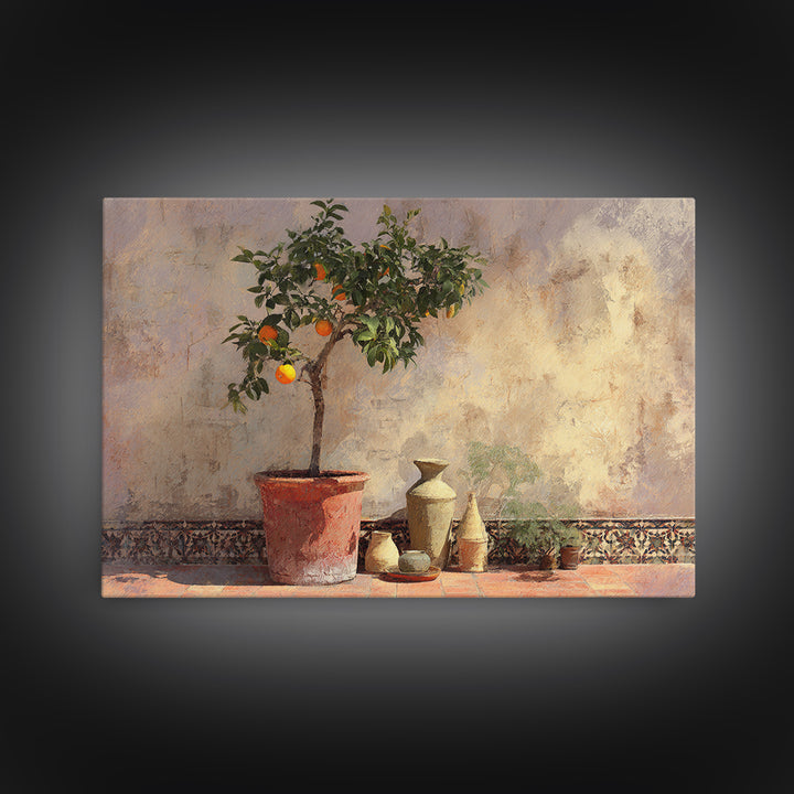 Orange Tree in a Courtyard Planter Framed Canvas Print, Italian Villa Art, Textured Painting, Living Room Decor, Villa, IVA-3x2-18