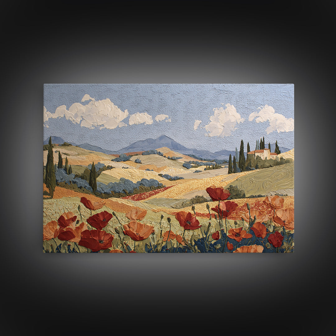 Tuscan Poppy Field Framed Canvas Print, Italian Villa Art, Printable Wall Art, Living Room Decor, Villa, Coastal Wall Art, IVA-3x2-19