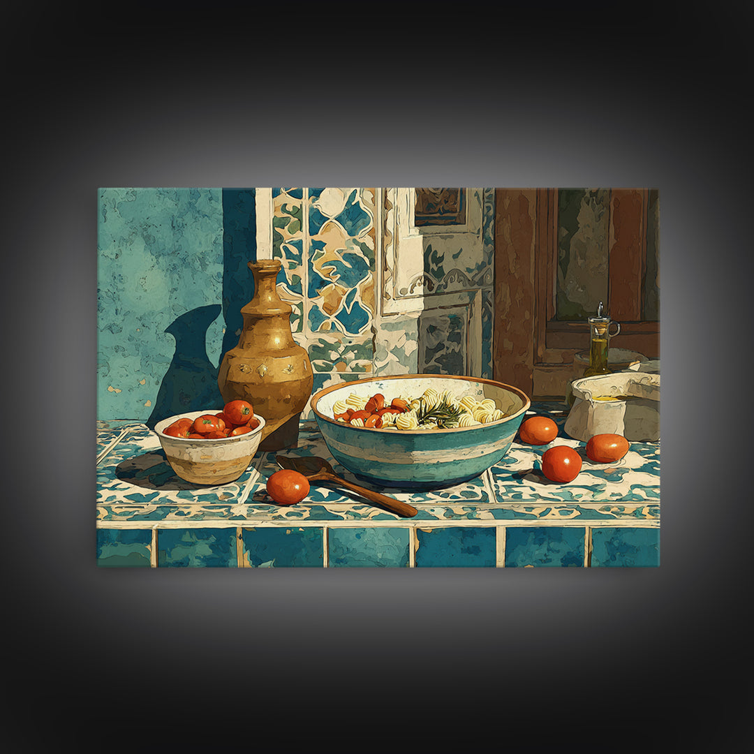 Pasta Herbs and Tomatoes Still Life Framed Canvas Print, Italian Villa Art, Room Decor, Living Room Decor, Fine Art, Villa, IVA-3x2-23