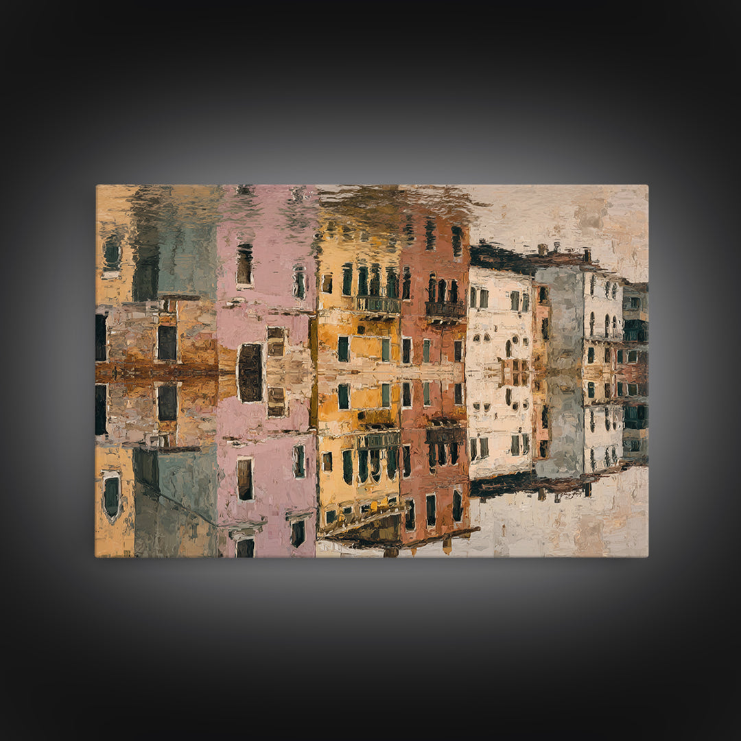 Venetian Canal Reflection Without City Crowd Canvas Print, Italian Villa Art, Textured Painting, Living Room Decor, Villa, IVA-3x2-24