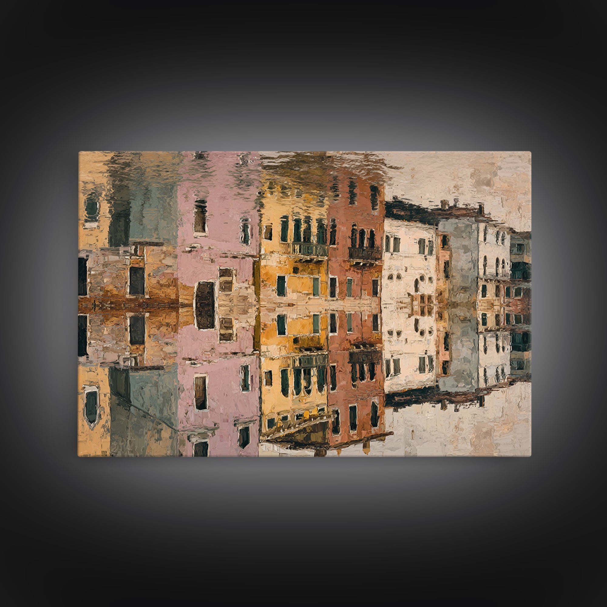 Venetian Canal Reflection Without City Crowd Canvas Print, Italian Villa Art, Textured Painting, Living Room Decor, Villa, IVA-3x2-24