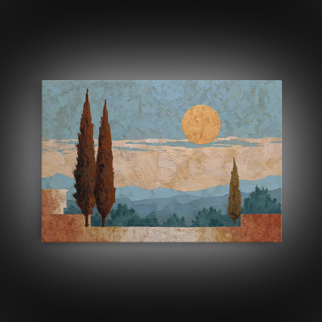 Cypress Silhouette at Sunset Framed Canvas Print, Italian Villa Art, Oil Painting, Living Room Decor, Abstract Art, Villa, IVA-3x2-25