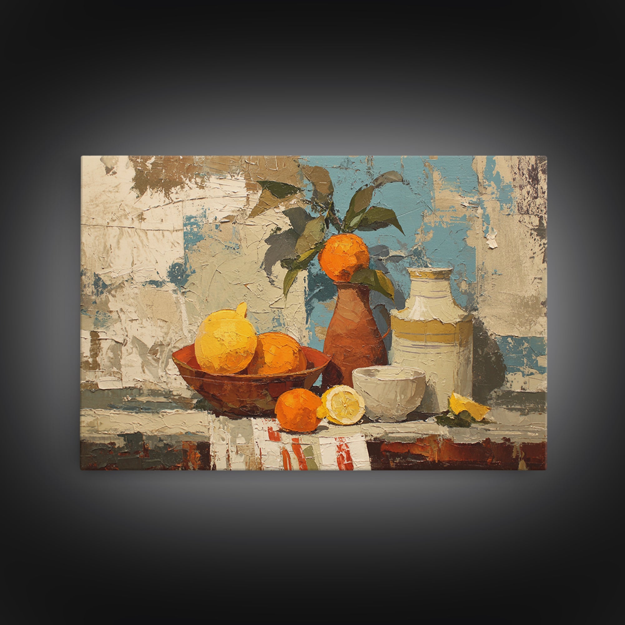 Coastal Lemons and Striped Cloth Arrangement Framed Canvas Print, Italian Villa Art, Boho Decor, Living Room Decor, Villa, IVA-3x2-28