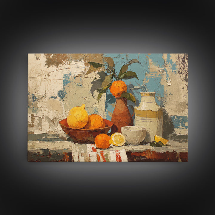 Coastal Lemons and Striped Cloth Arrangement Framed Canvas Print, Italian Villa Art, Boho Decor, Living Room Decor, Villa, IVA-3x2-28