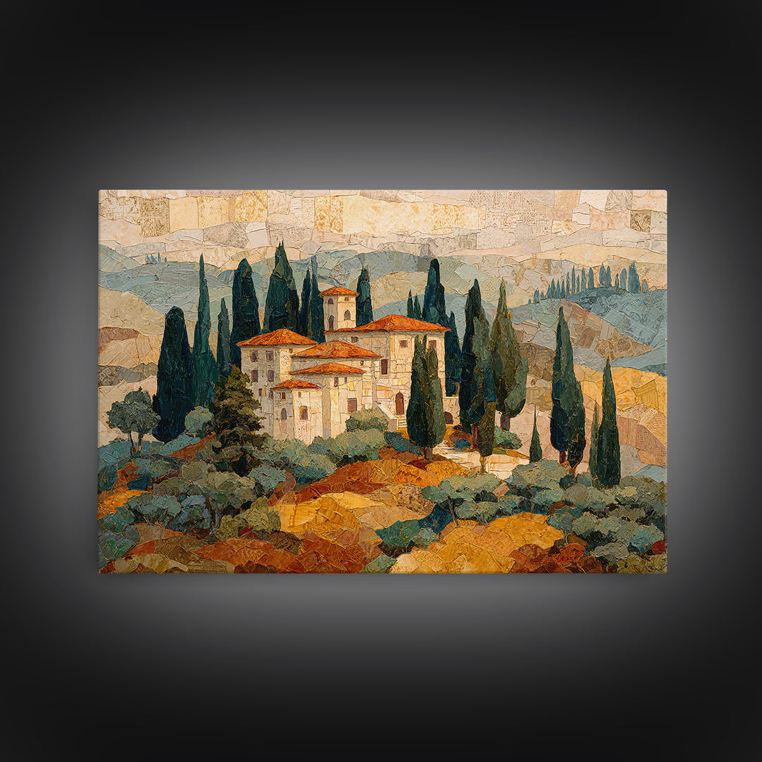 Tuscan Hillside with Cypress Trees and Golden Canvas Print, Italian Villa Art, Living Room Wall Art, Living Room Decor, Villa, IVA-3x2-29