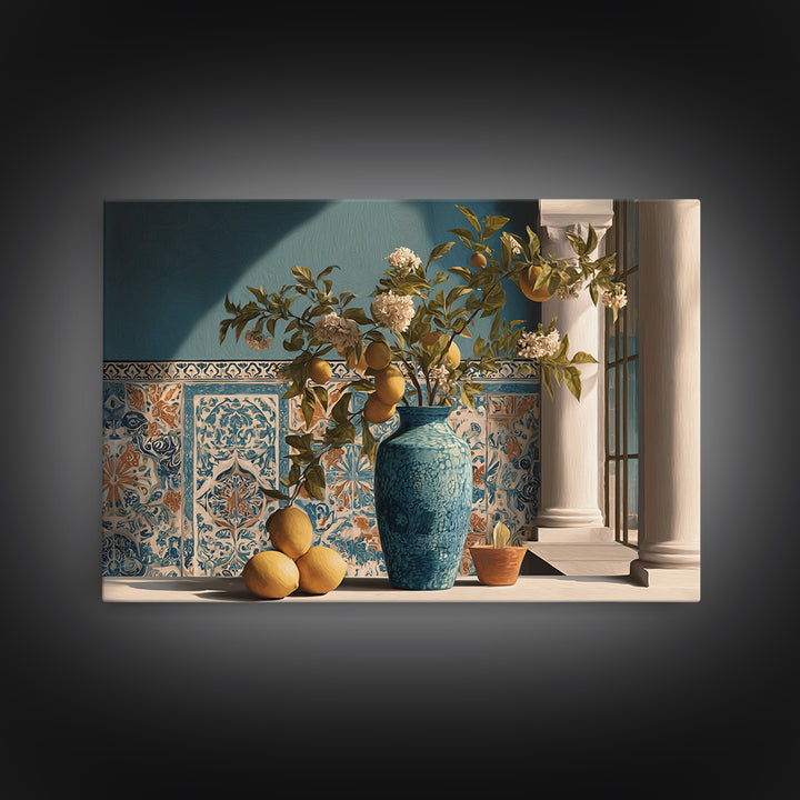 Lemon Branch in Blue Ceramic Vase Canvas Print, Italian Villa Art, Large Wall Art, Living Room Decor, Oil Painting, Villa, IVA-3x2-30