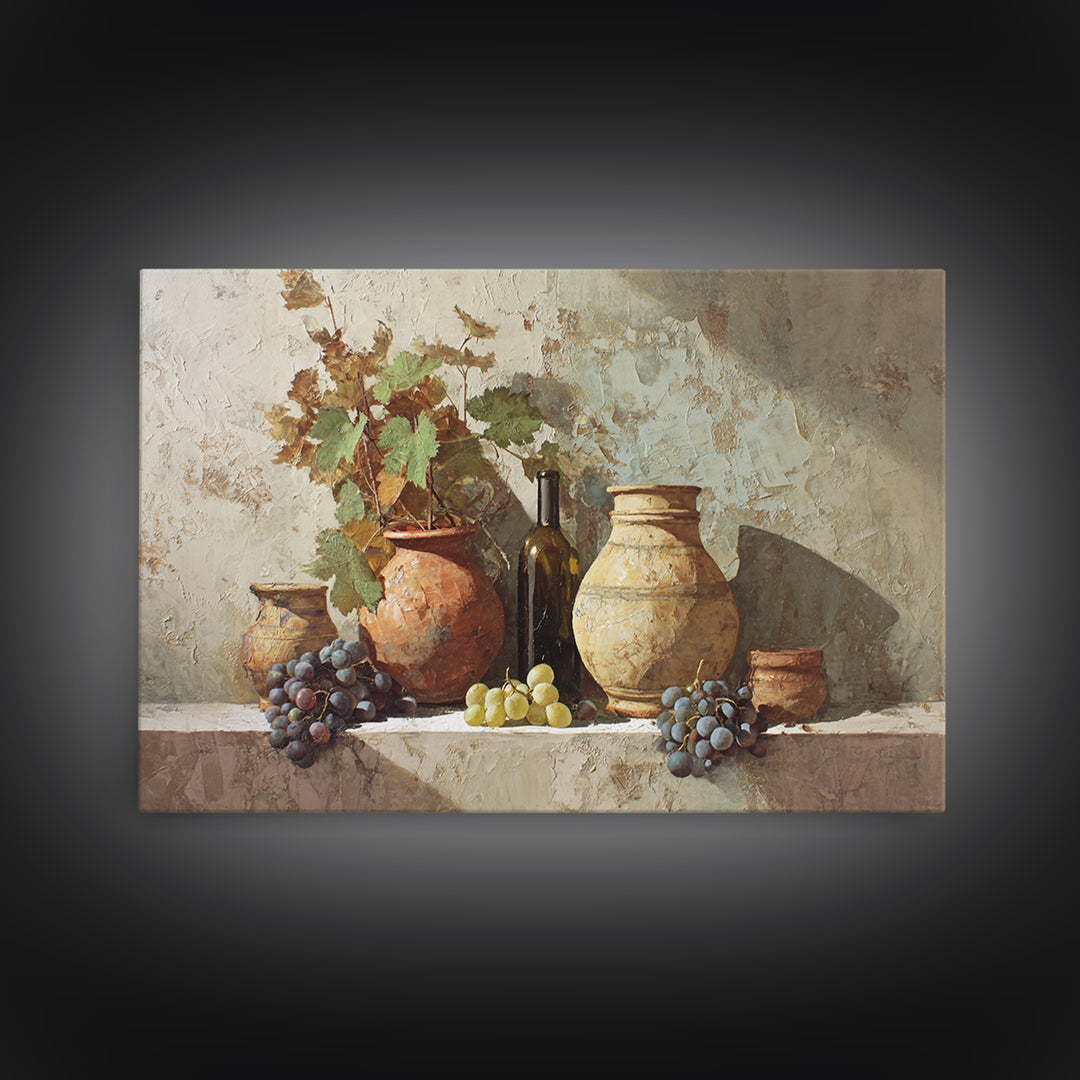 Grapevine and Wine Still Life on Linen Framed Canvas Print, Italian Villa Art, Digital Wall Art, Living Room Decor, IVA-3x2-35
