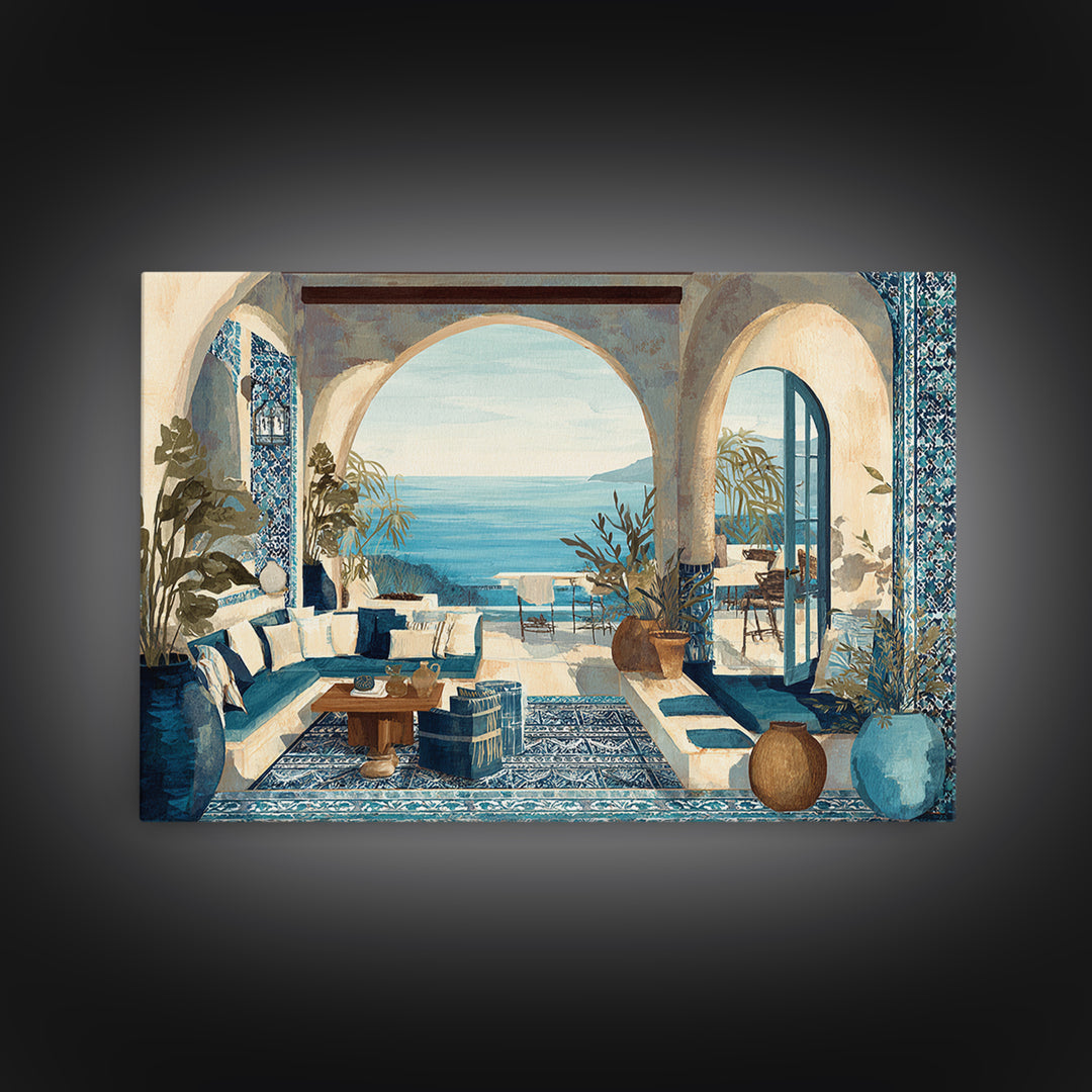 Mediterranean Arch Framing Blue Sea Framed Canvas Print, Italian Villa Art, Contemporary Art, Living Room Decor, Villa, IVA-3x2-36