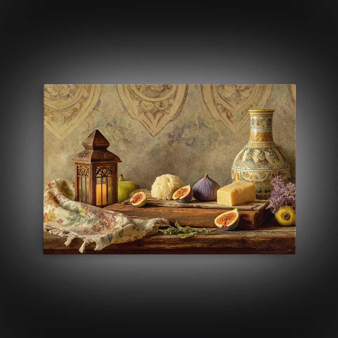 Figs and Cheese on Rustic Wooden Board Canvas Print, Italian Villa Art, Framed Wall Art, Living Room Decor, Oil Painting, Villa, IVA-3x2-37