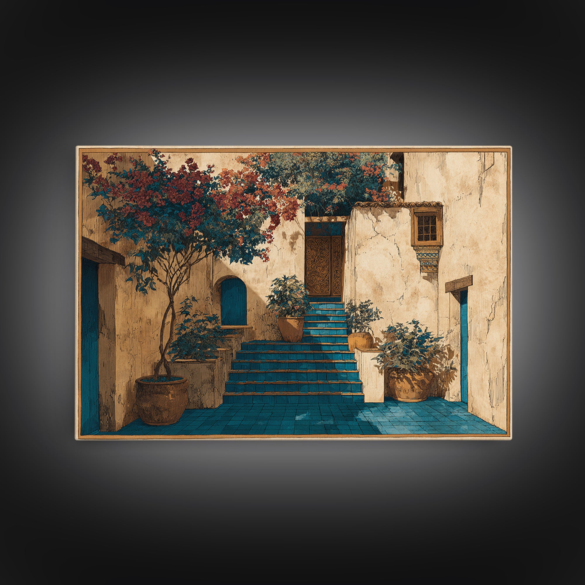 Sunlit Stone Stairway Framed Canvas Print, Italian Villa Art, Bedroom Wall Art, Living Room Decor, Villa, Travel Poster, IVA-3x2-39