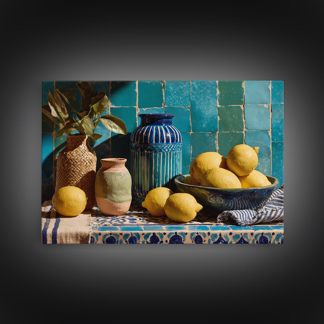 Coastal Lemons and Striped Cloth Arrangement Canvas Print, Italian Villa Art, Gallery Decor, Living Room Decor, Oil Painting, IVA-3x2-4
