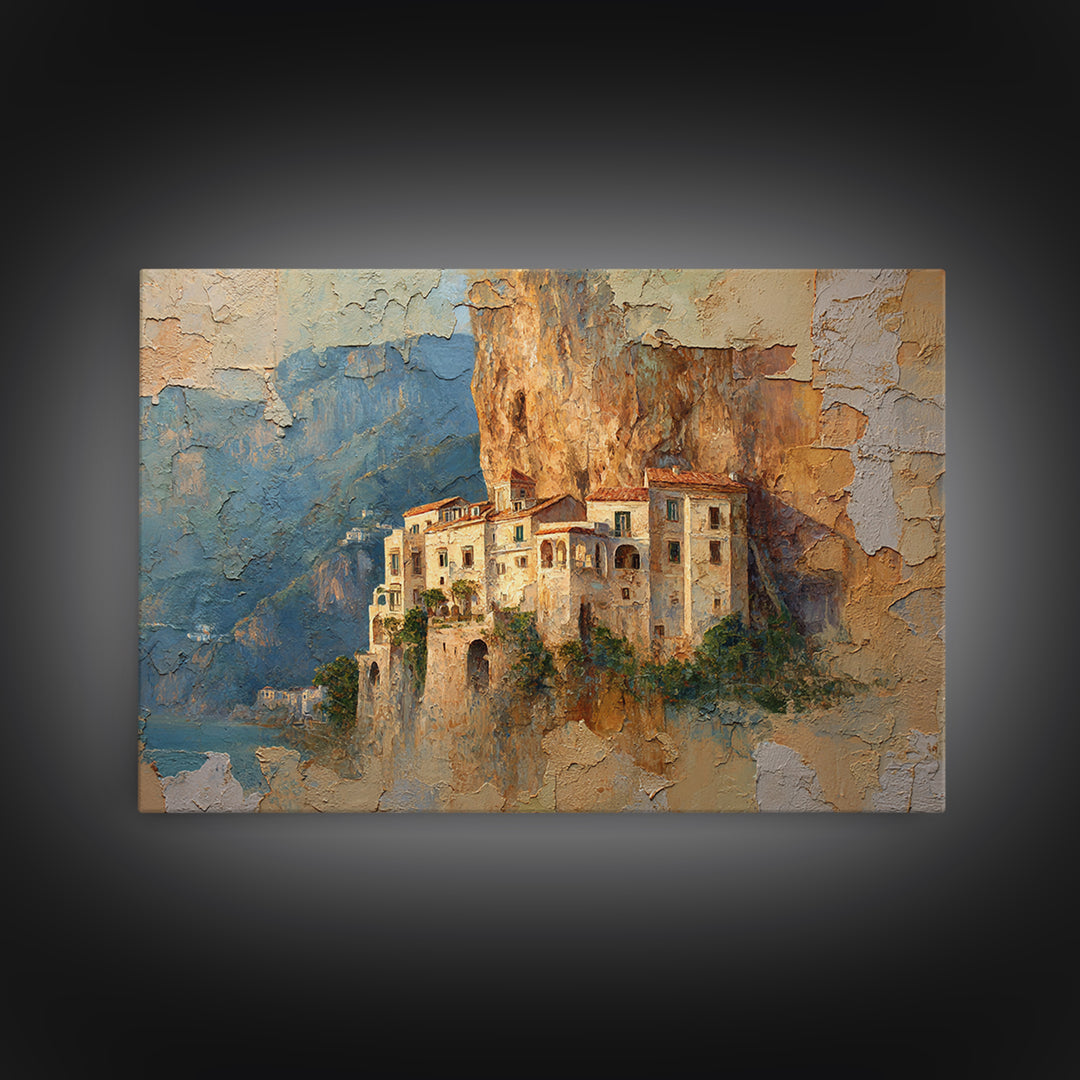 Amalfi Coast Cliffs Framed Canvas Print, Italian Villa Art, Printable Art, Living Room Decor, Watercolor Art, Villa, IVA-3x2-41