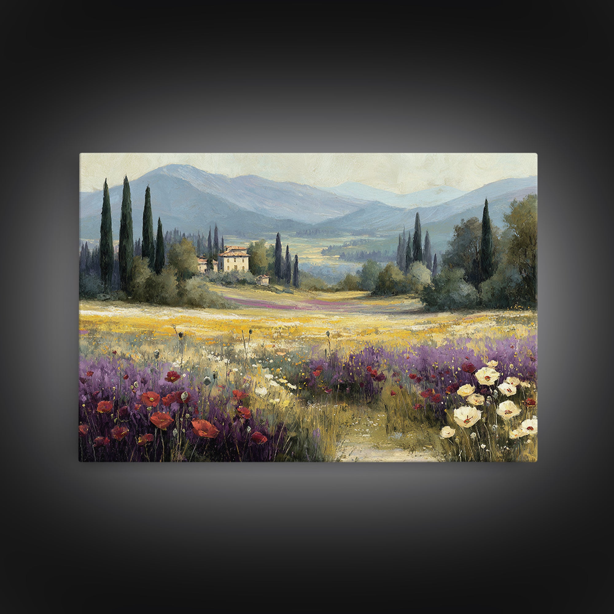 Tuscan Poppy Field Canvas Print, Italian Villa Art, Framed Wall Art, Living Room Decor, Abstract Art, Villa, Colorful Wall Art, IVA-3x2-43