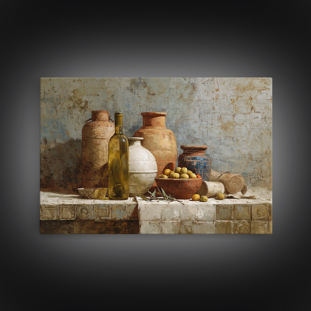 White Wine and Olives Still Life Canvas Print, Italian Villa Art, Wall Art Prints, Living Room Decor, Watercolor Art, Villa, IVA-3x2-44