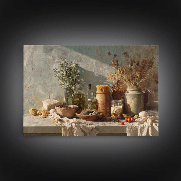 Pasta Herbs and Tomatoes Still Life Framed Canvas Print, Italian Villa Art, Colorful Wall Art, Living Room Decor, Oil Painting, IVA-3x2-47