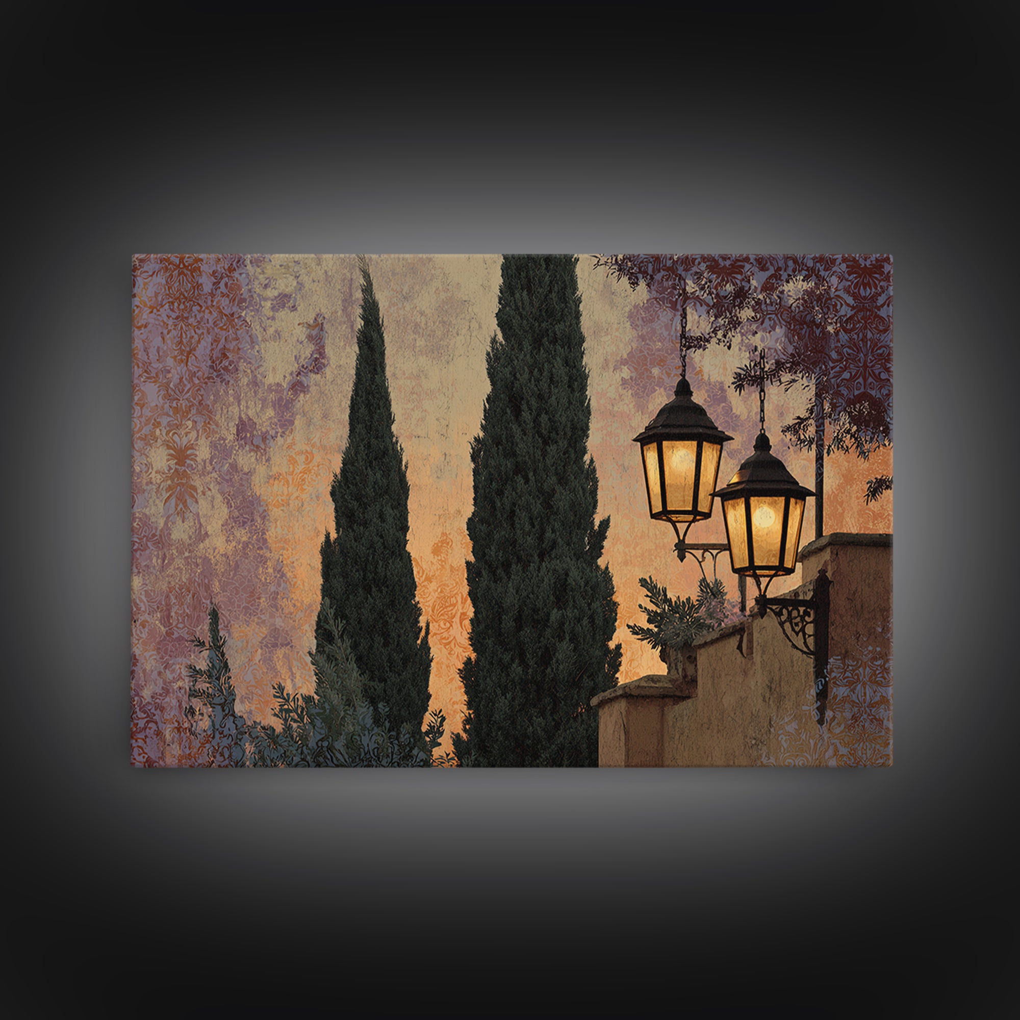 Cypress Silhouette at Sunset Canvas Print, Italian Villa Art, Living Room Decor, Villa, Living Room Art, Gallery Wall Set, IVA-3x2-49