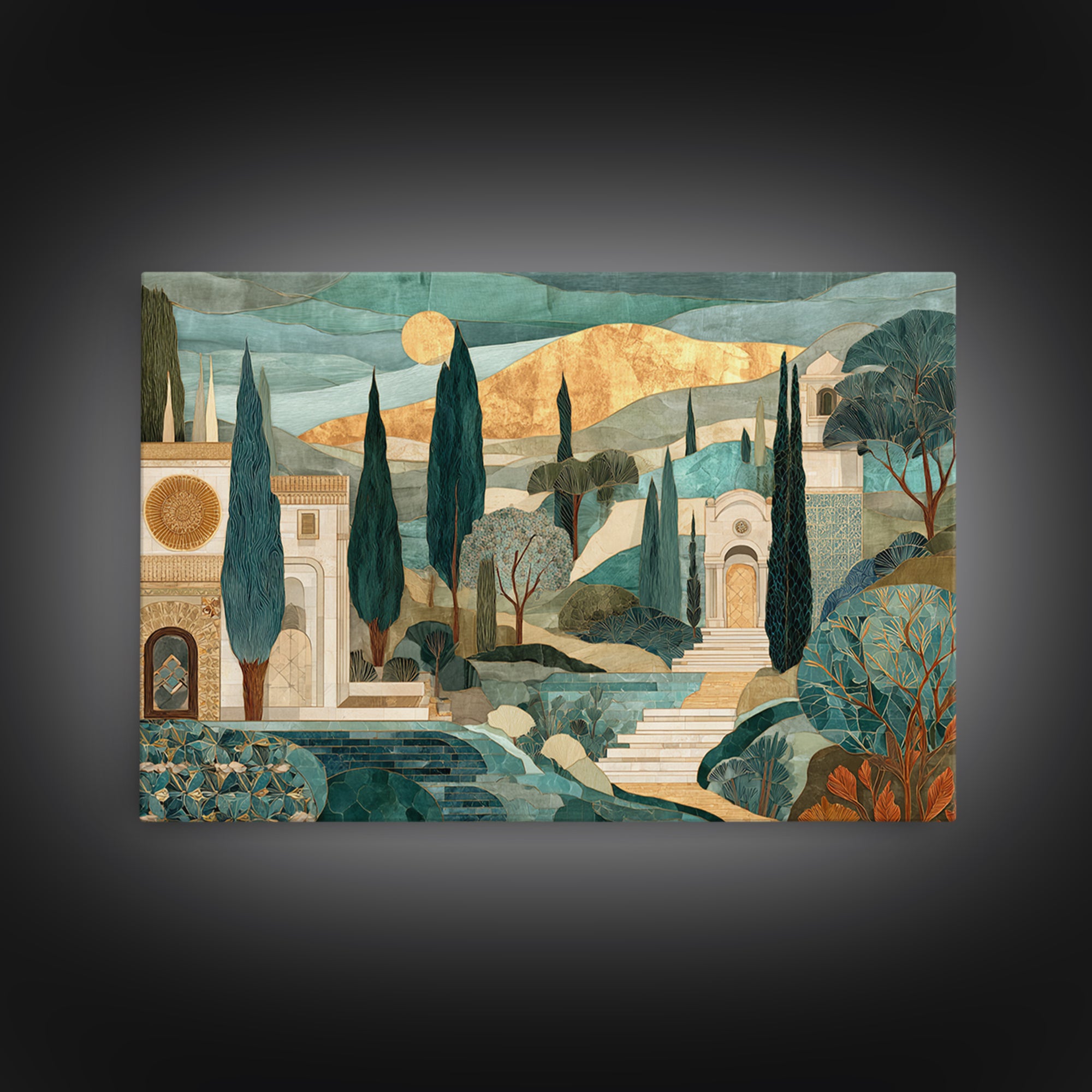 Tuscan Hillside with Cypress Trees and Golden Canvas Print, Italian Villa Art, Digital Wall Art, Living Room Decor, Villa, IVA-3x2-5