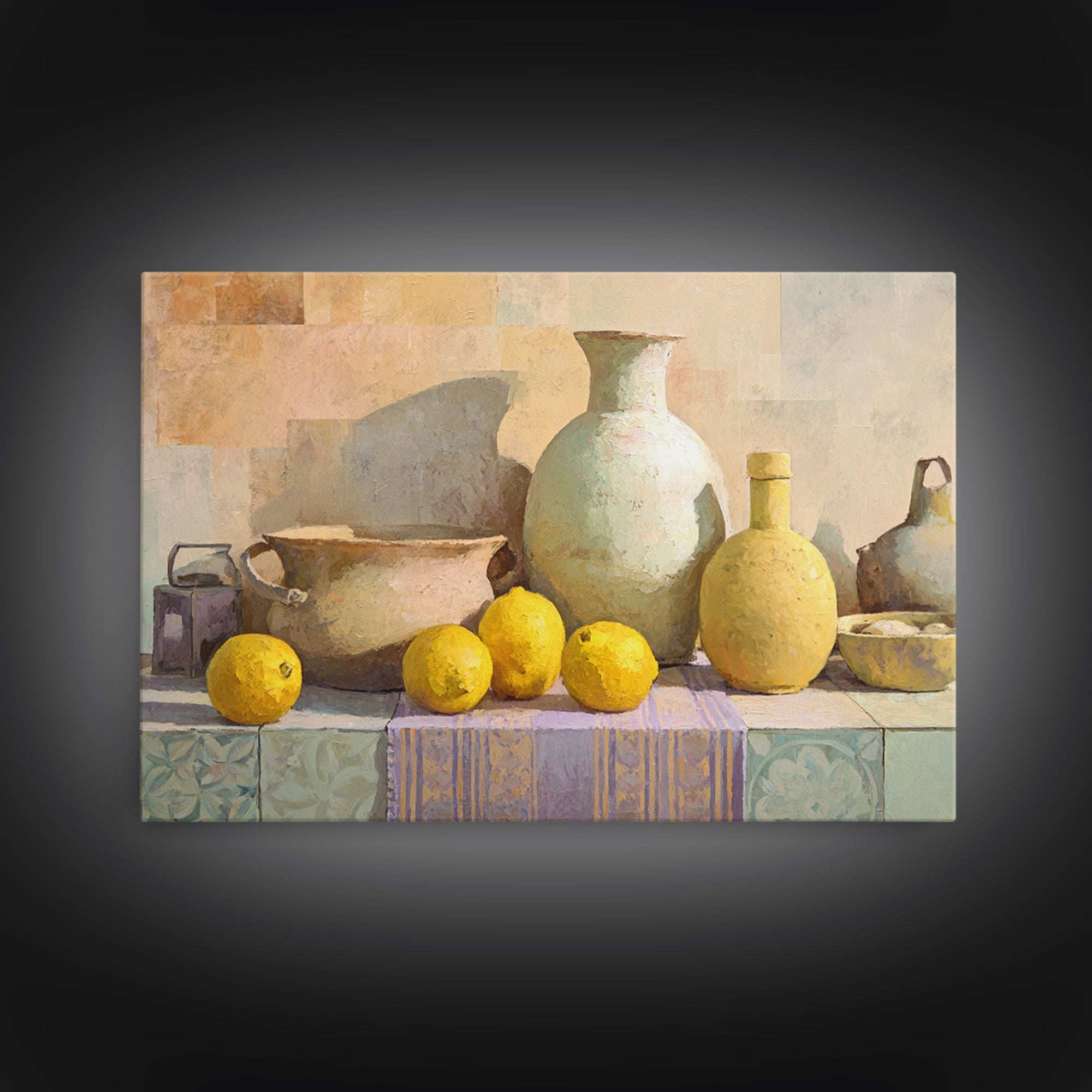 Coastal Lemons and Striped Cloth Arrangement Canvas Print, Italian Villa Art, Living Room Decor, Abstract Art, Villa, IVA-3x2-52