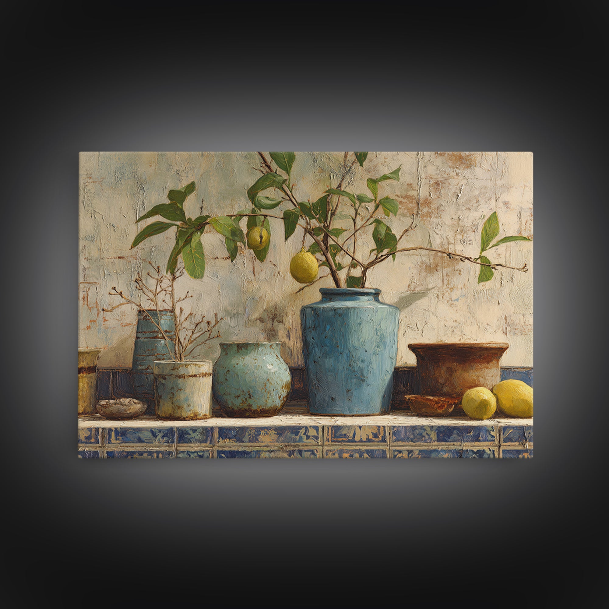 Lemon Branch in Blue Ceramic Vase Canvas Print, Italian Villa Art, Large Wall Art, Living Room Decor, Oil Painting, Villa, IVA-3x2-54