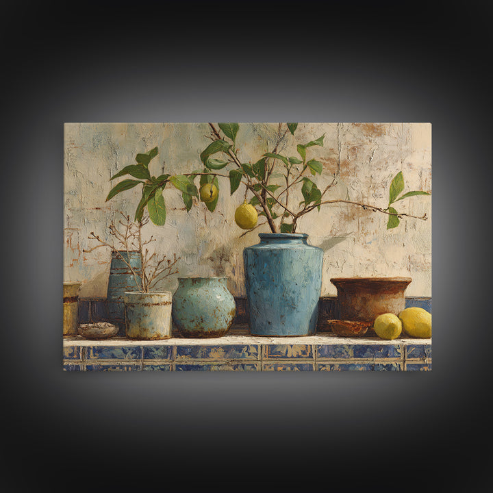Lemon Branch in Blue Ceramic Vase Canvas Print, Italian Villa Art, Large Wall Art, Living Room Decor, Oil Painting, Villa, IVA-3x2-54
