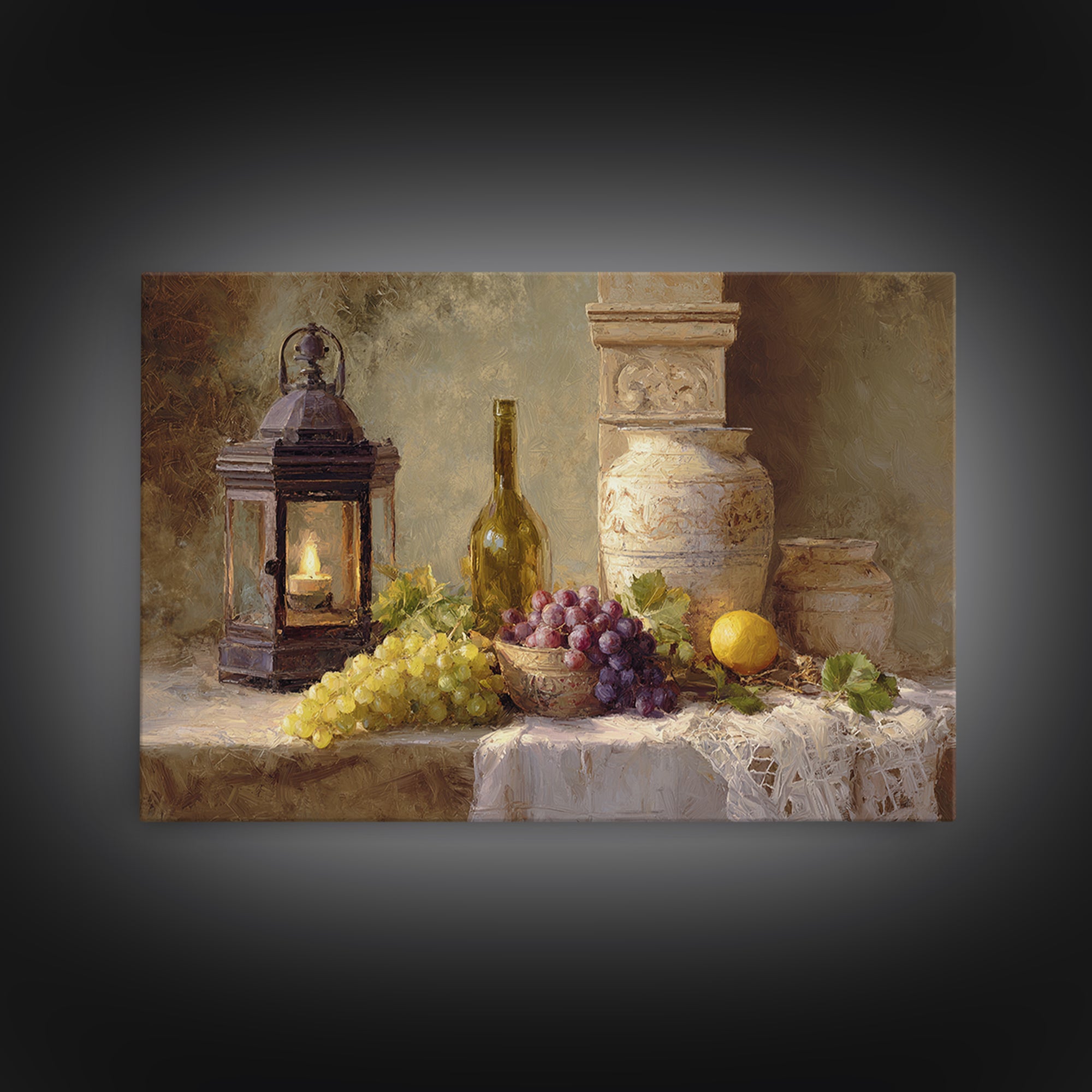 Grapevine and Wine Still Life on Linen Framed Canvas Print, Italian Villa Art, Farmhouse Wall Art, Living Room Decor, Villa, IVA-3x2-59