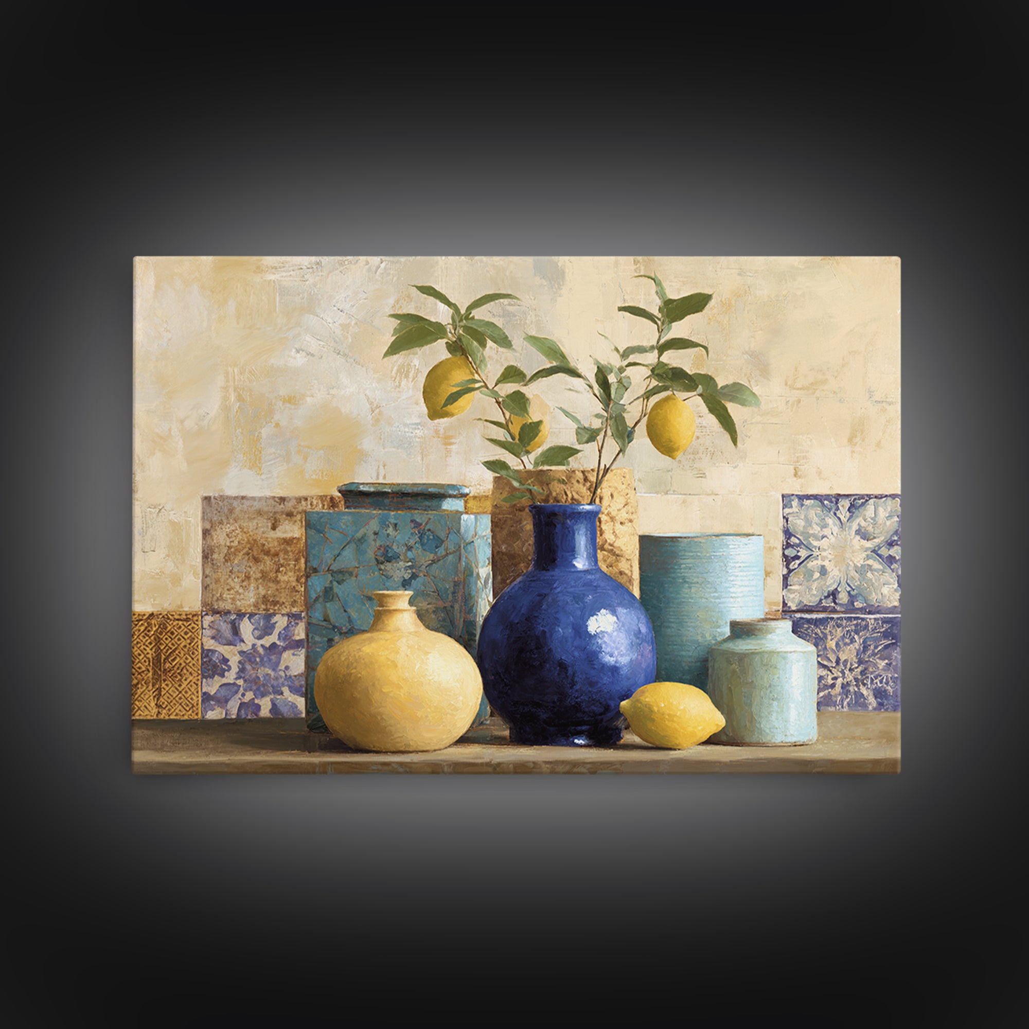 Lemon Branch in Blue Ceramic Vase Framed Canvas Print, Italian Villa Art, Contemporary Art, Living Room Decor, Fine Art, Villa, IVA-3x2-6